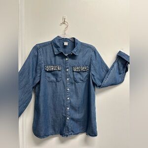 Chico’s Rhinestone Embellished Chambray Button-Up Shirt